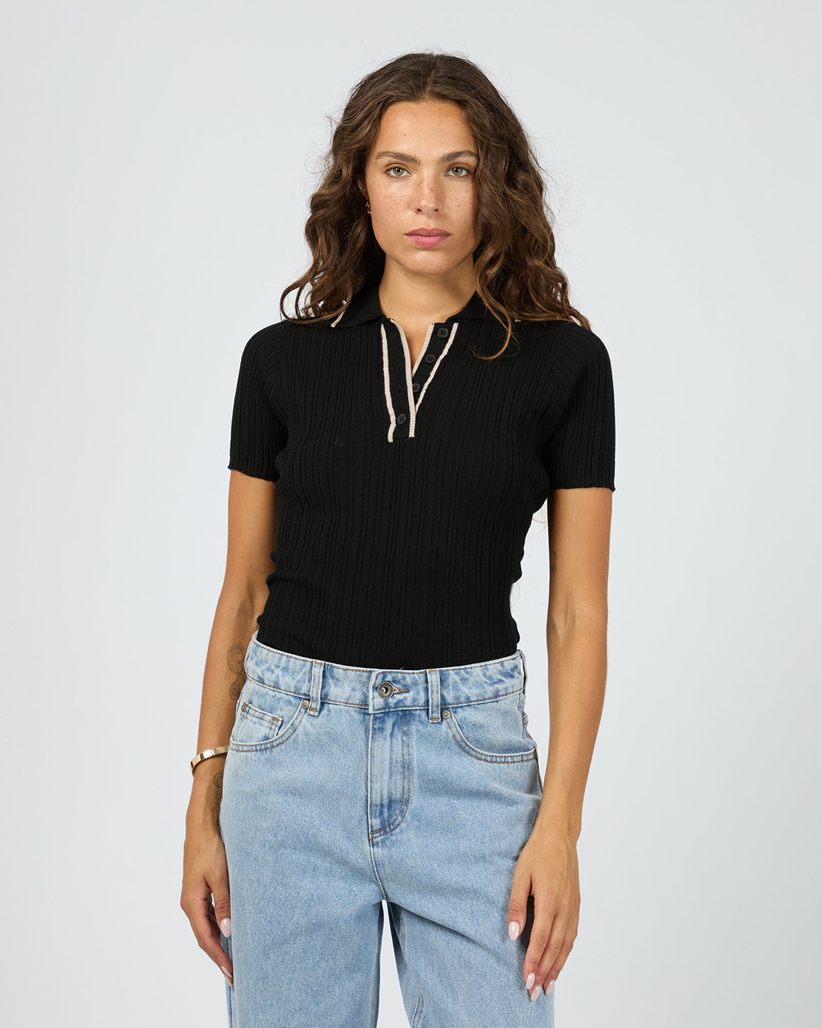 Clover Polo Top Black