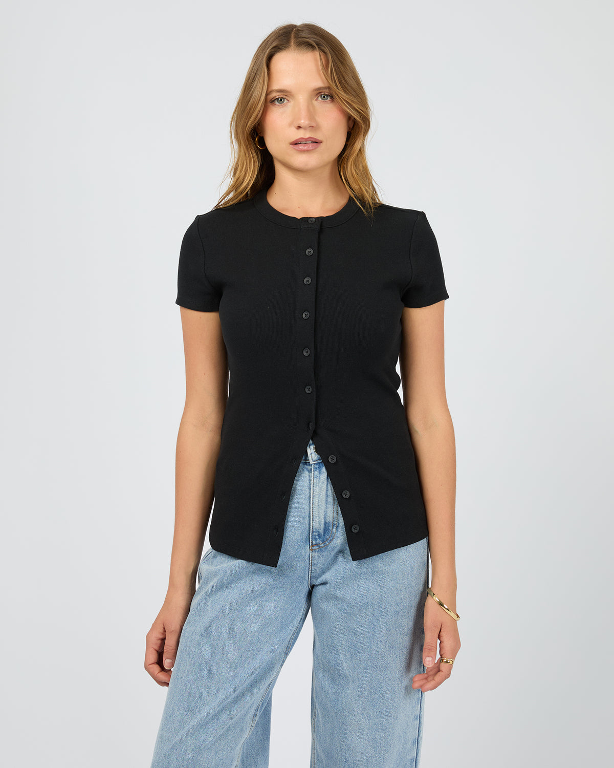 Button Up Short Sleeve Tee Black