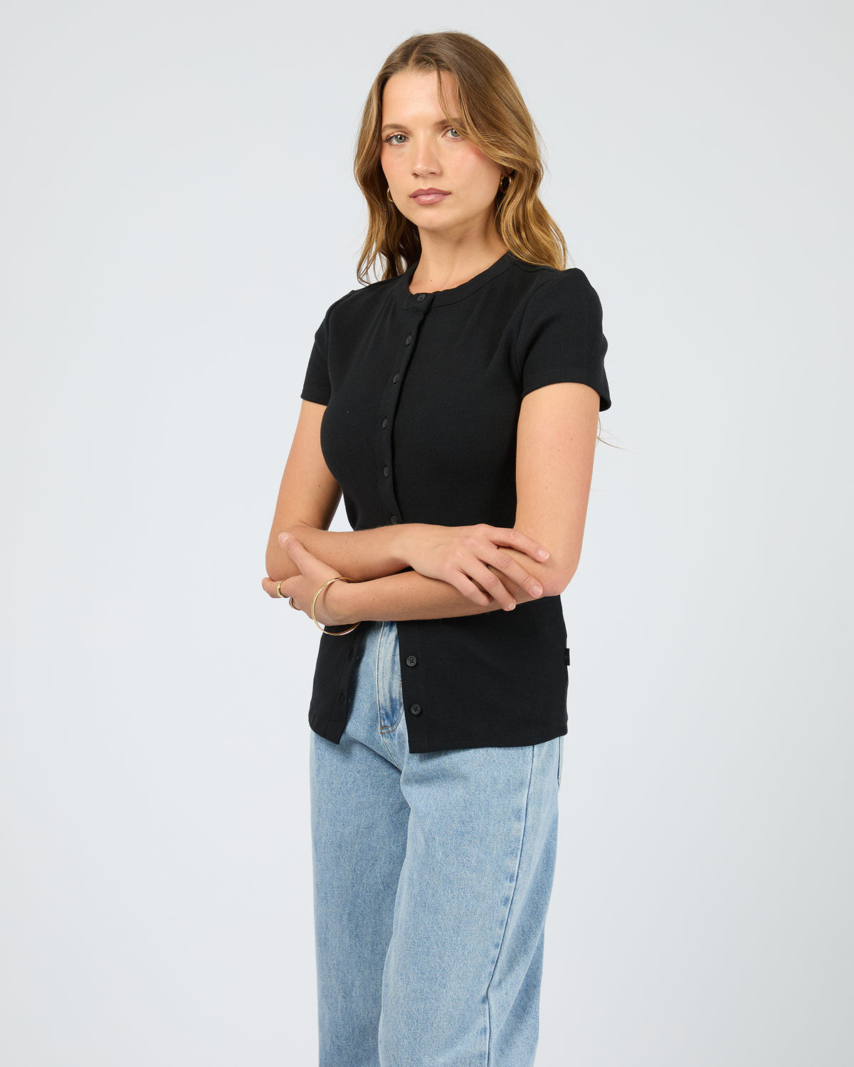 Button Up Short Sleeve Tee Black