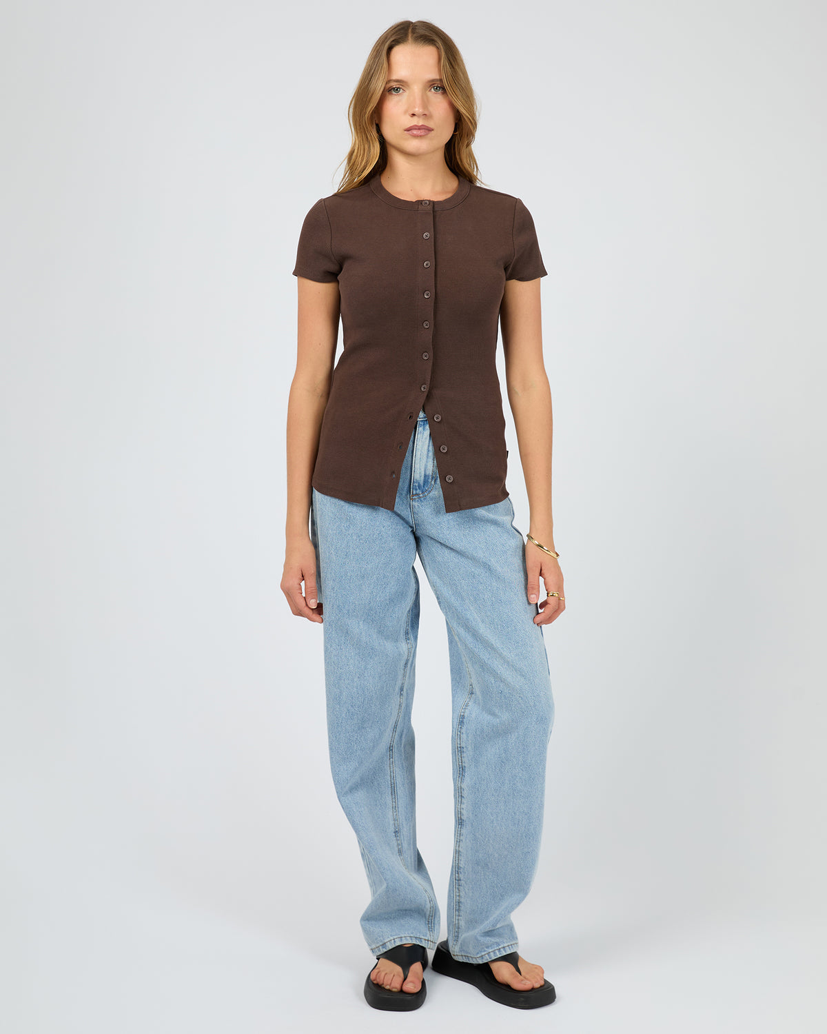 Button Up Short Sleeve Tee Chocolate