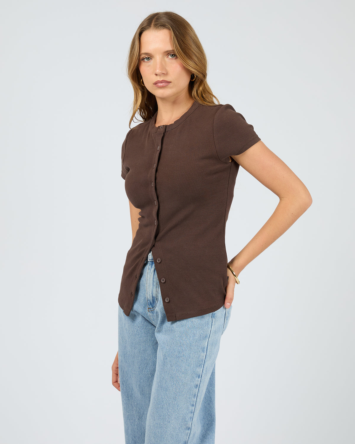 Button Up Short Sleeve Tee Chocolate