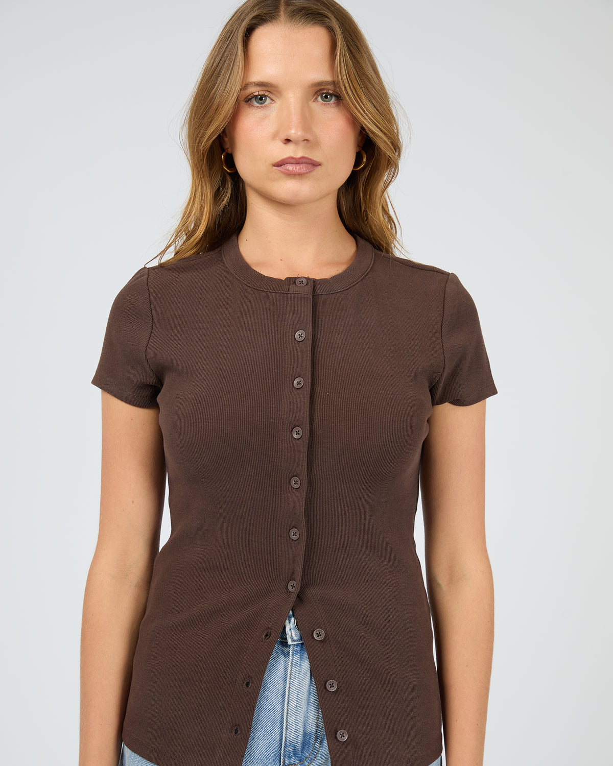 Button Up Short Sleeve Tee Chocolate