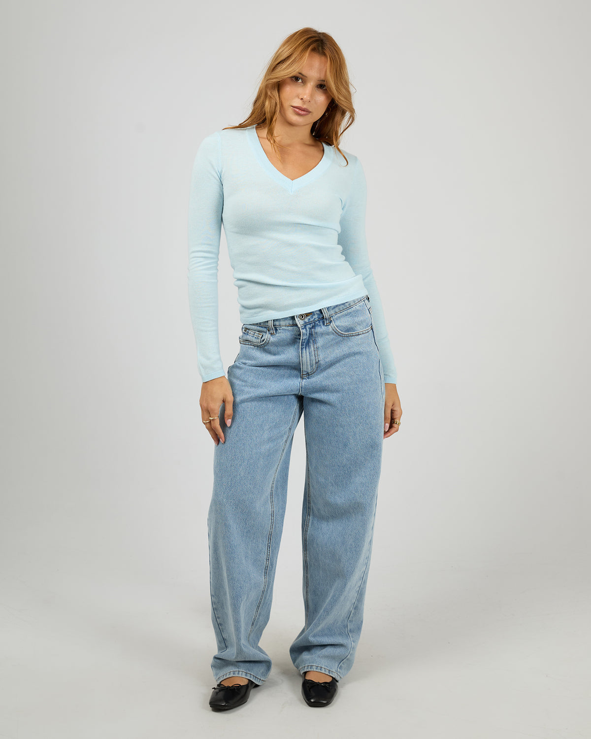 Ashton Knit Vee Long Sleeve Top Light Blue