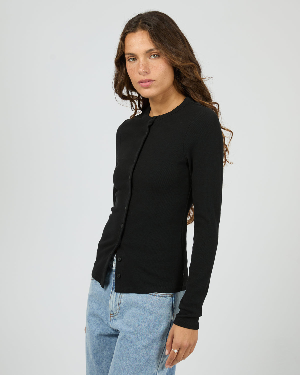 Button Up Long Sleeve Tee Black