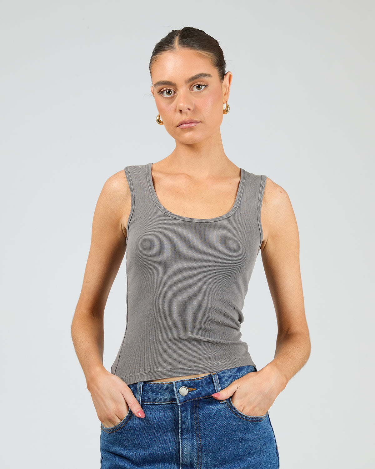 Washed Rib Scoop Neck Tank Charcoal