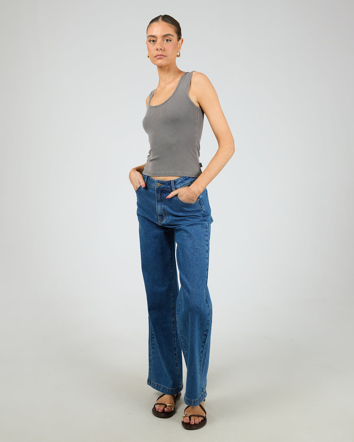 Washed Rib Scoop Neck Tank Charcoal