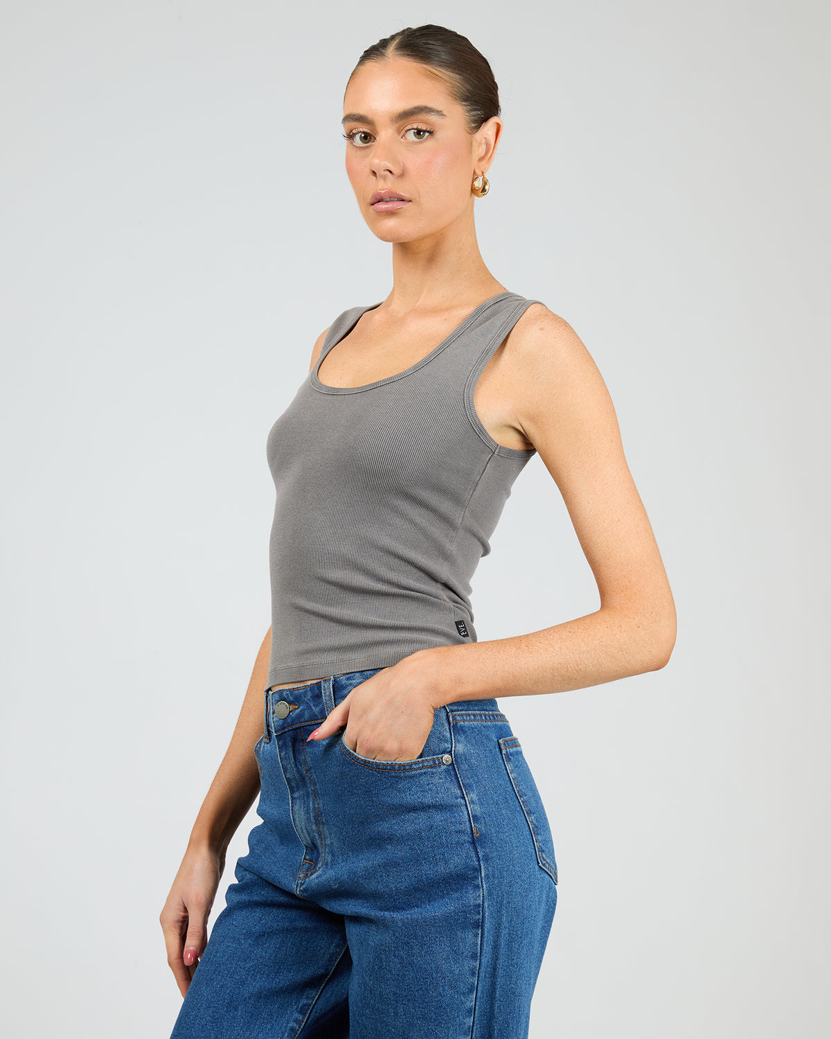 Washed Rib Scoop Neck Tank Charcoal