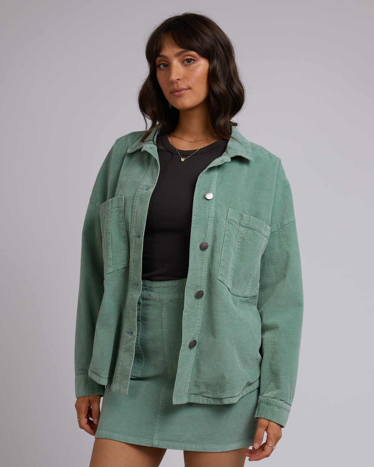 All About Eve-Emma Cord Shacket Sage-Edge Clothing