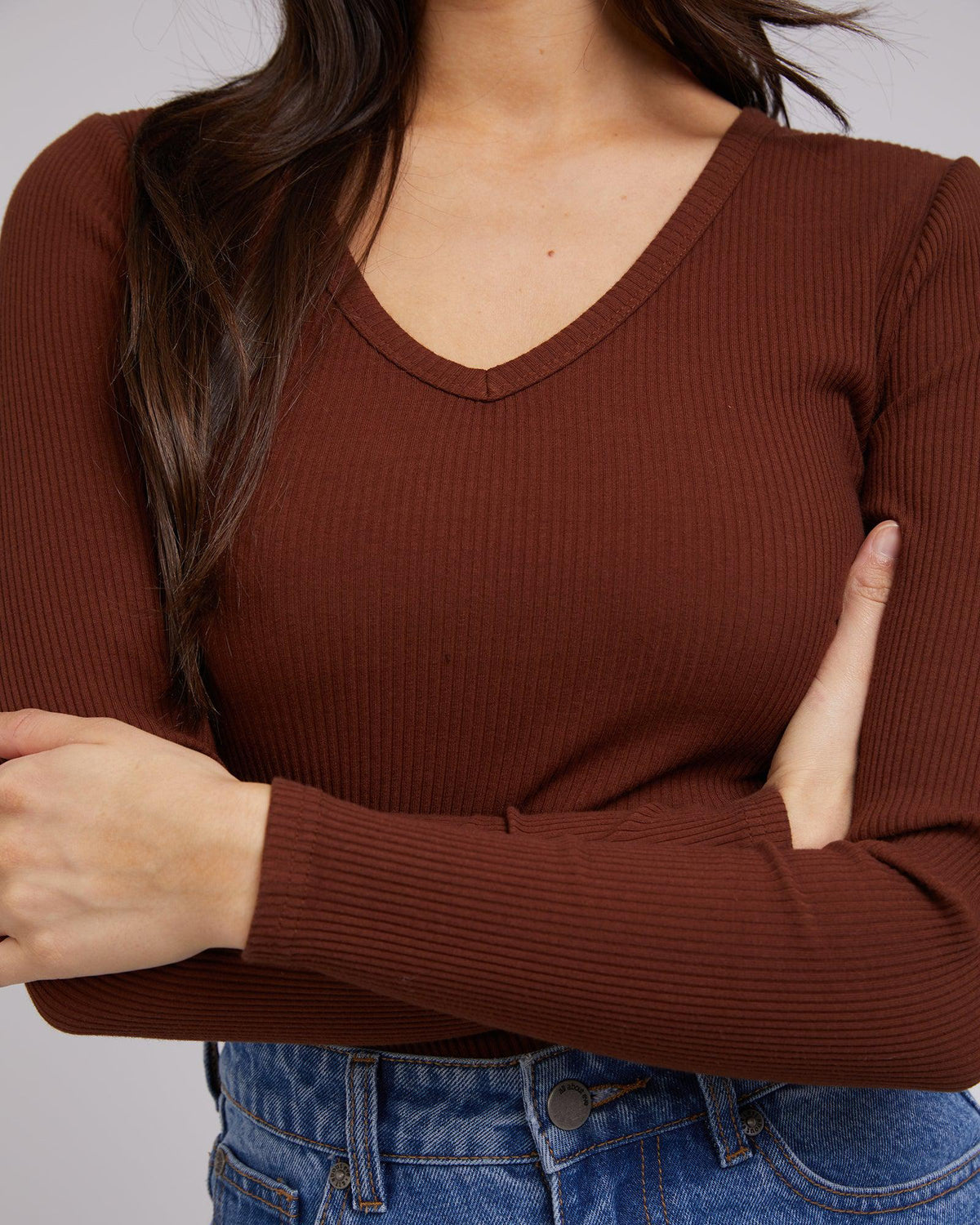 All About Eve-Eve Rib V Neck Long Sleeve Top Brown-Edge Clothing