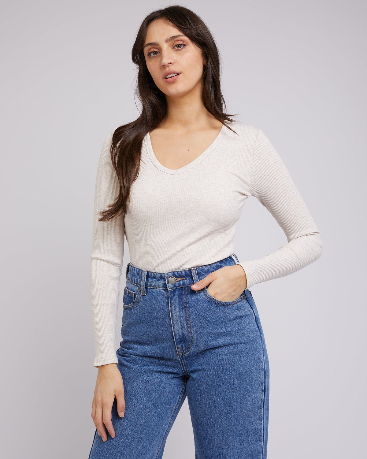 All About Eve-Eve Rib V Neck Long Sleeve Top Oatmeal-Edge Clothing