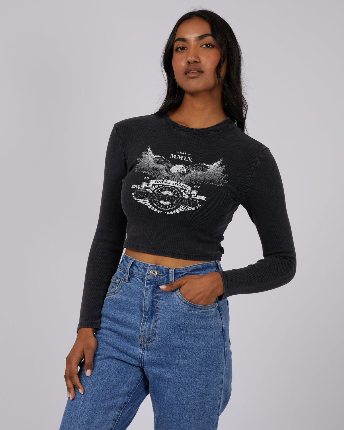 Silent Theory Ladies-Lincoln Cropped Long Sleeve Washed Black-Edge Clothing