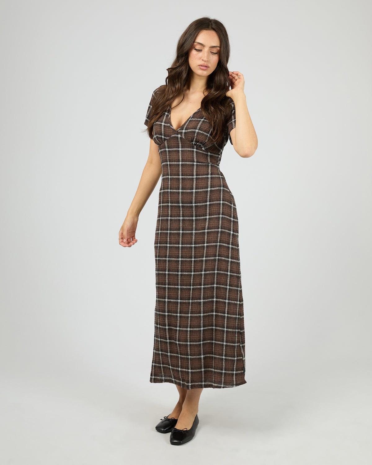 Reverie Hemp Seersucker Maxi Dress Coffee Check