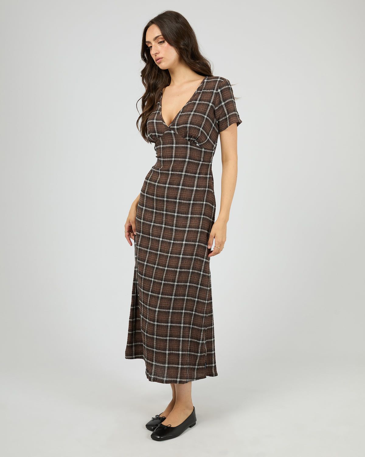 Reverie Hemp Seersucker Maxi Dress Coffee Check